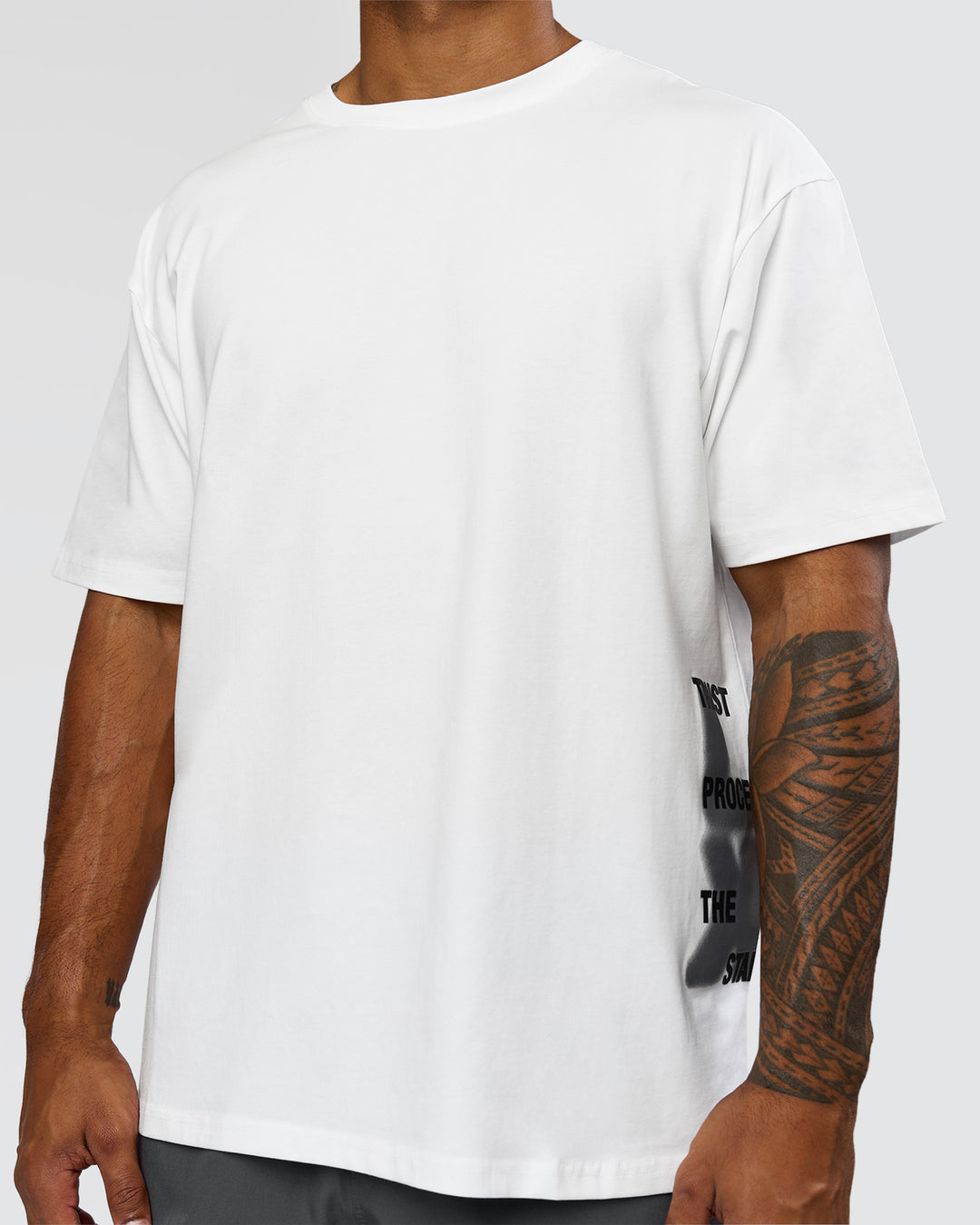 Man wearing Clear Vision Heavyweight FLXCotton Oversized Tee - White-Black | Model:Xav | Size:L - view 12