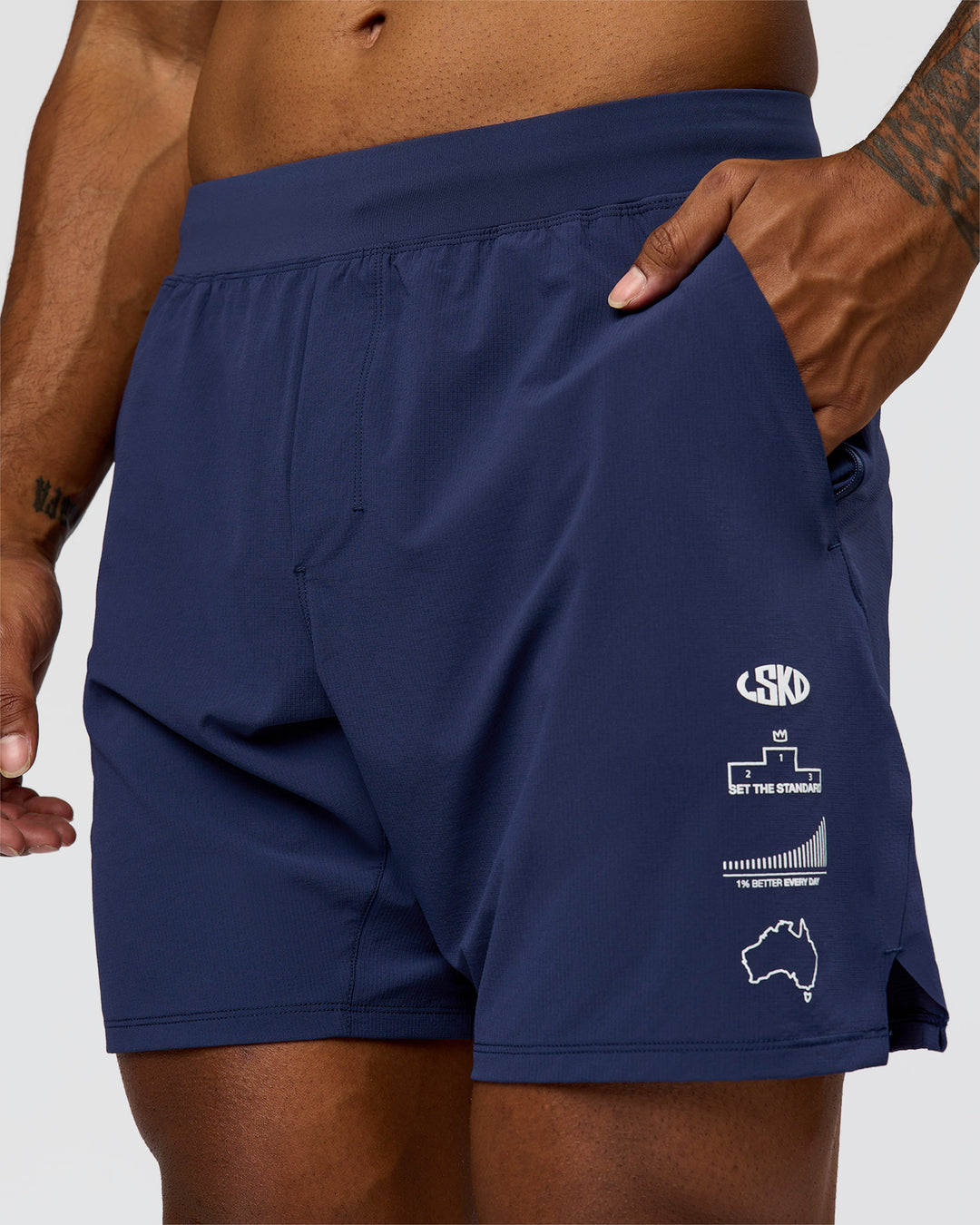 Man wearing Greatest of All Time Functional Training 7" Short - Future Navy-White | Model:Xav | Size:L - view 3