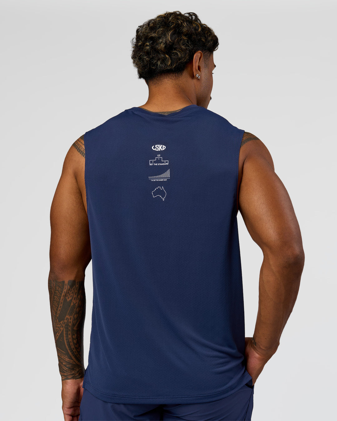 Man wearing Greatest of All Time Rep Muscle Training Tank - Future Navy-White | Model:Xav | Size:L - view 4