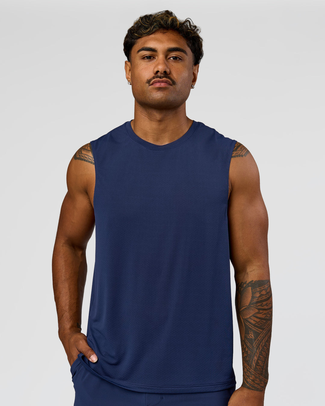 Man wearing Greatest of All Time Rep Muscle Training Tank - Future Navy-White | Model:Xav | Size:L - view 5