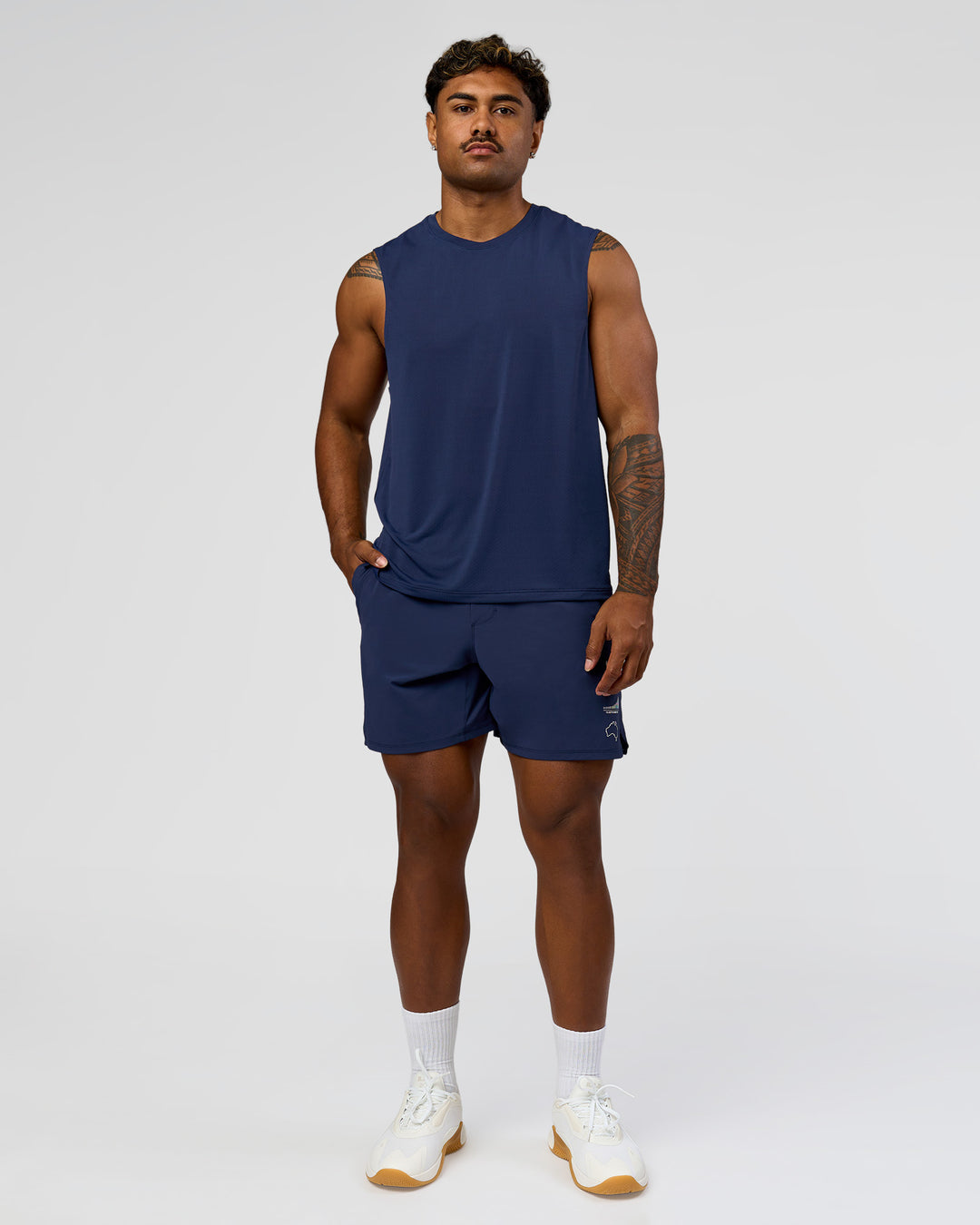 Man wearing Greatest of All Time Rep Muscle Training Tank - Future Navy-White | Model:Xav | Size:L - view 6