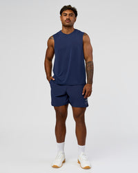 Man wearing Greatest of All Time Rep Muscle Training Tank - Future Navy-White | Model:Xav | Size:L | Thumbnail Index: 5