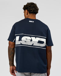 Man wearing Inline Heavyweight FLXCotton Oversized Tee - Midnight Navy-White | Model:Xav | Size:L | Thumbnail Index: 1