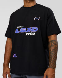 Man wearing League Heavyweight FLXCotton Oversized Tee - Black-Power Cobalt | Model:Xav | Size:L | Thumbnail Index: 13