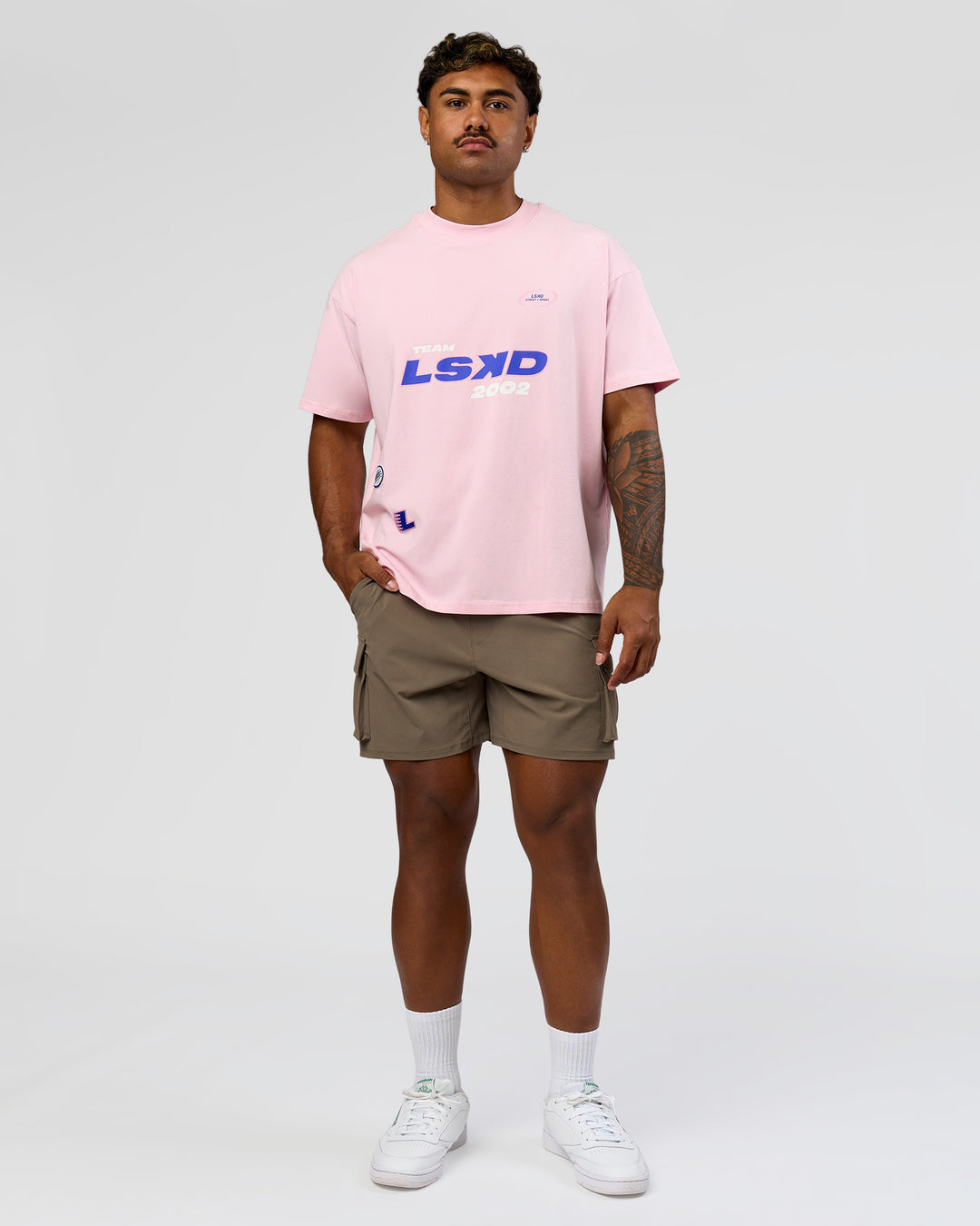 Man wearing League Heavyweight FLXCotton Oversized Tee - Marshmallow-Power Cobalt | Model:Xav | Size:L - view 8