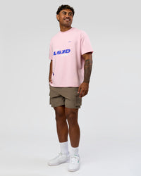 Man wearing League Heavyweight FLXCotton Oversized Tee - Marshmallow-Power Cobalt | Model:Xav | Size:L | Thumbnail Index: 13