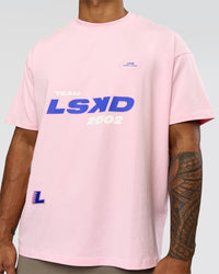 Man wearing League Heavyweight FLXCotton Oversized Tee - Marshmallow-Power Cobalt | Model:Xav | Size:L | Thumbnail Index: 3