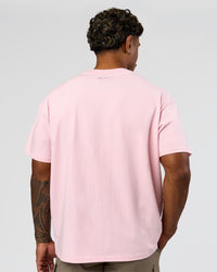 Man wearing League Heavyweight FLXCotton Oversized Tee - Marshmallow-Power Cobalt | Model:Xav | Size:L | Thumbnail Index: 2