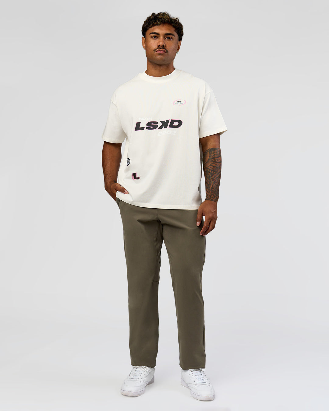 Man wearing League Heavyweight FLXCotton Oversized Tee - Off White-Ground Coffee | Model:Xav | Size:L - view 12