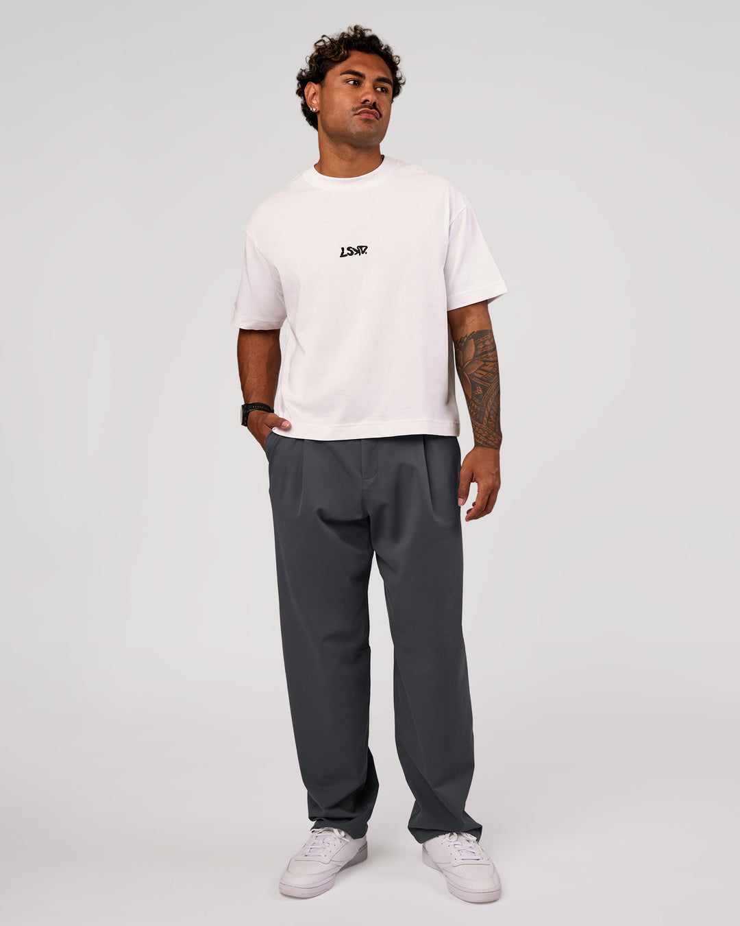 Man wearing Progression Super Heavyweight Boxed Tee - White-Black | Model:Xav | Size:L - view 8