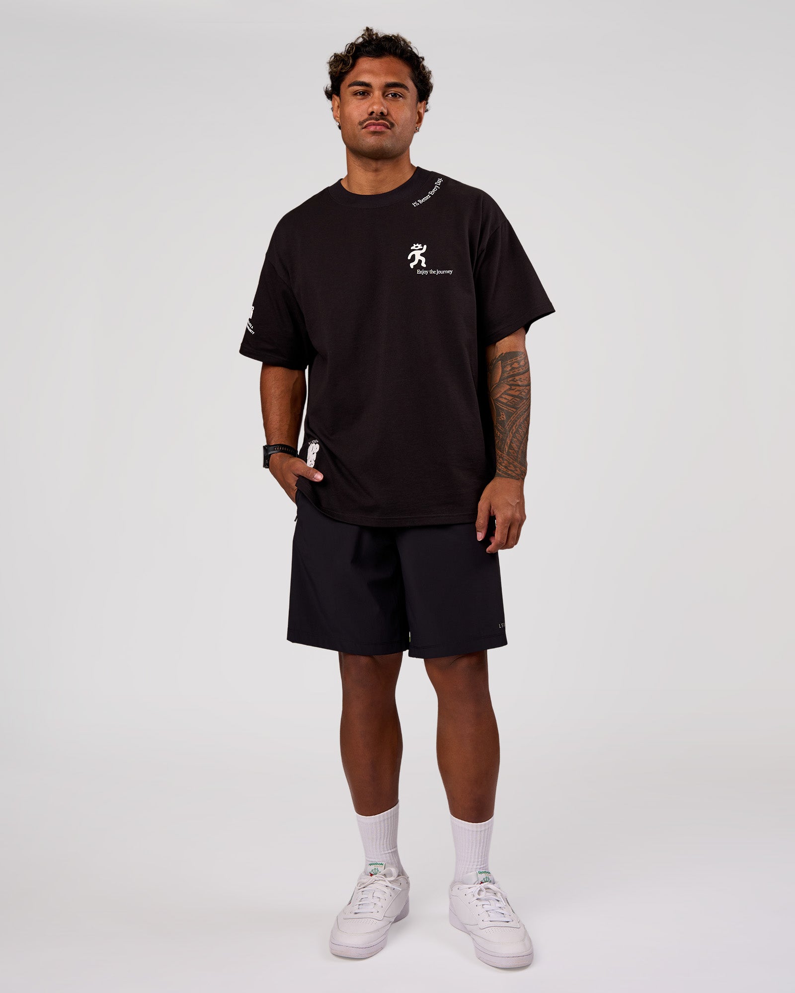 Man wearing Values Manifesto Heavyweight Oversized Tee  - Black-White | Model:Xav | Size:L