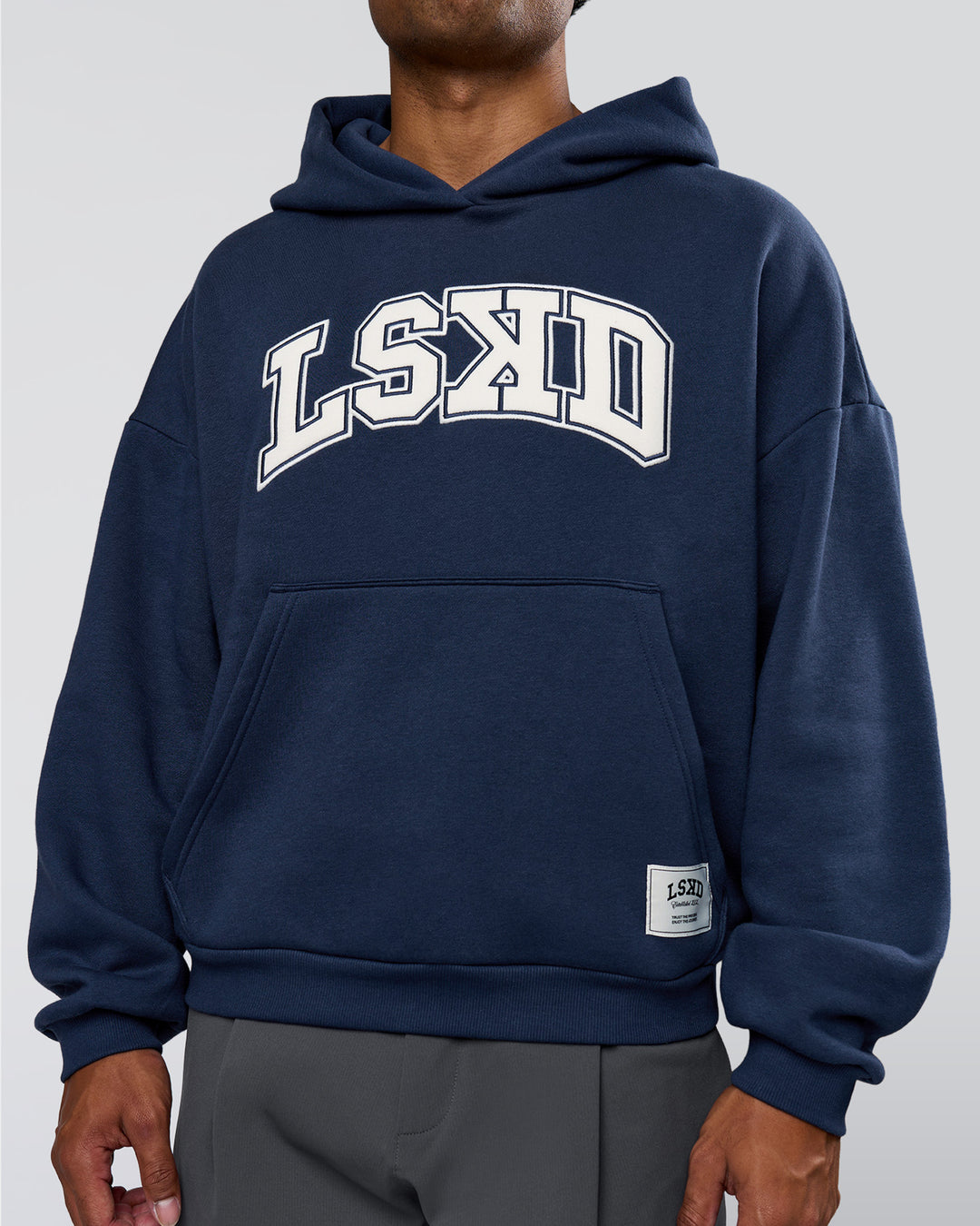 Man wearing Varsity Boxy Hoodie - Future Navy-White | Model:Xav | Size:L - view 4