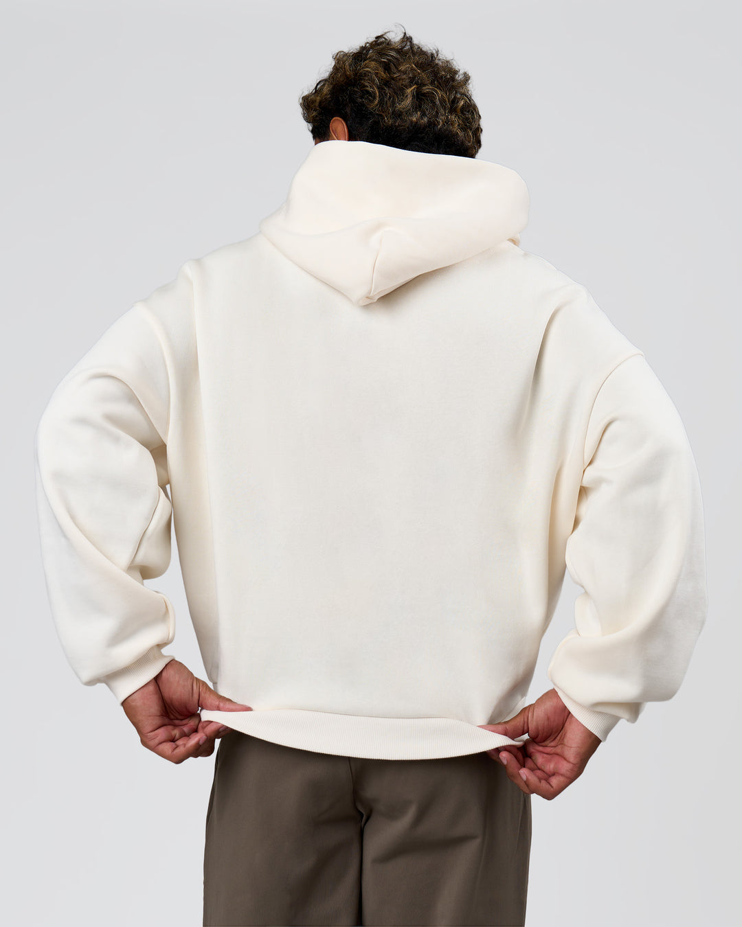 Man wearing Varsity Boxy Hoodie - Off White-Pink Rose | Model:Xav | Size:L - view 5