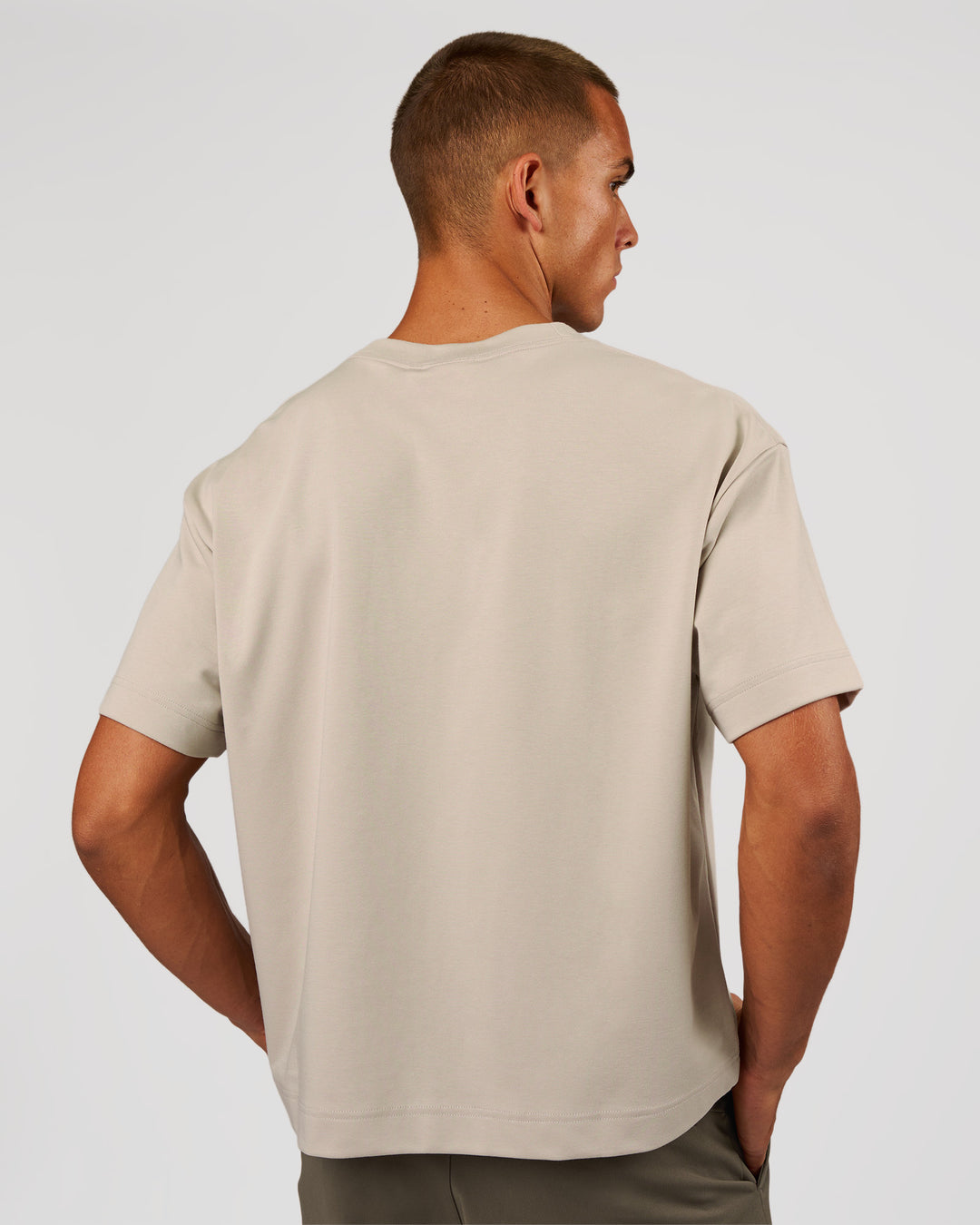 Man wearing AfterDark ZeroCrease Boxy Tee - Shale Beige | Model:Albert | Size:M - view 2