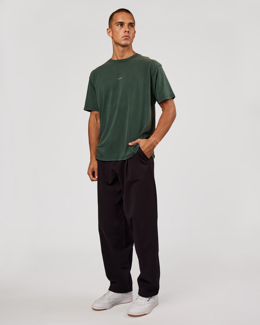 Man wearing Base FLXCotton Tee - Midnight Green Washed | Model:Albert | Size:M - view 4