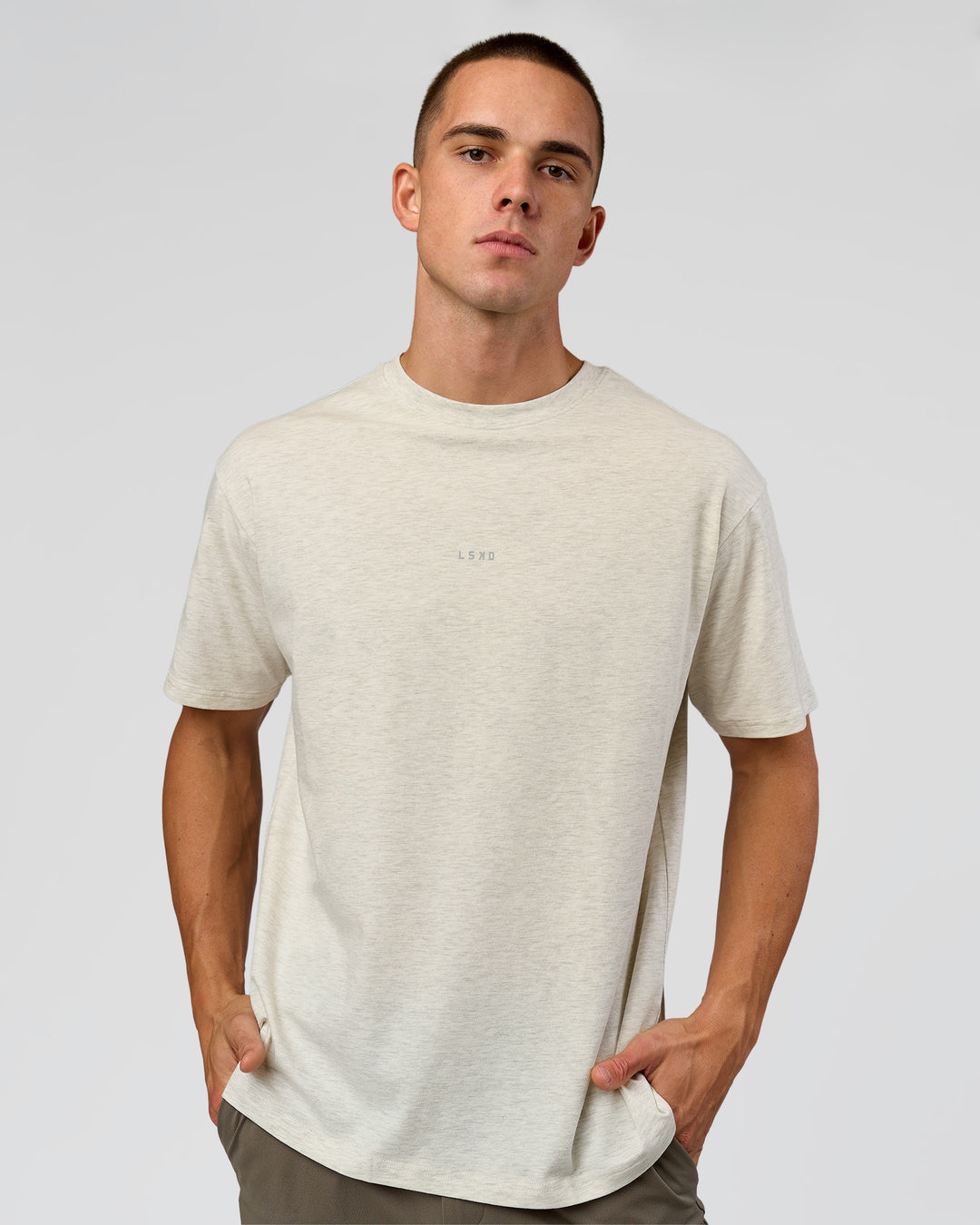 Man wearing Base FLXCotton Tee - Silver Marl | Model:Albert | Size:M - view 8