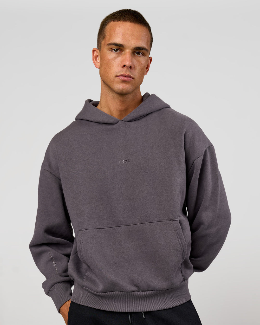 Man wearing Base Oversized Hoodie - Duskstone | Model:Albert | Size:M - view 4