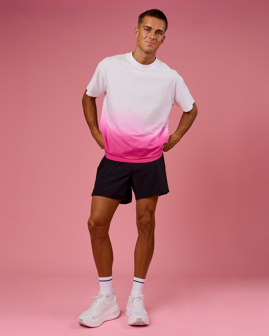 Man wearing BCAM Ombre Heavyweight FLXCotton Oversized Tee  - White-Ultra Pink | Model:Albert | Size:M - view 10
