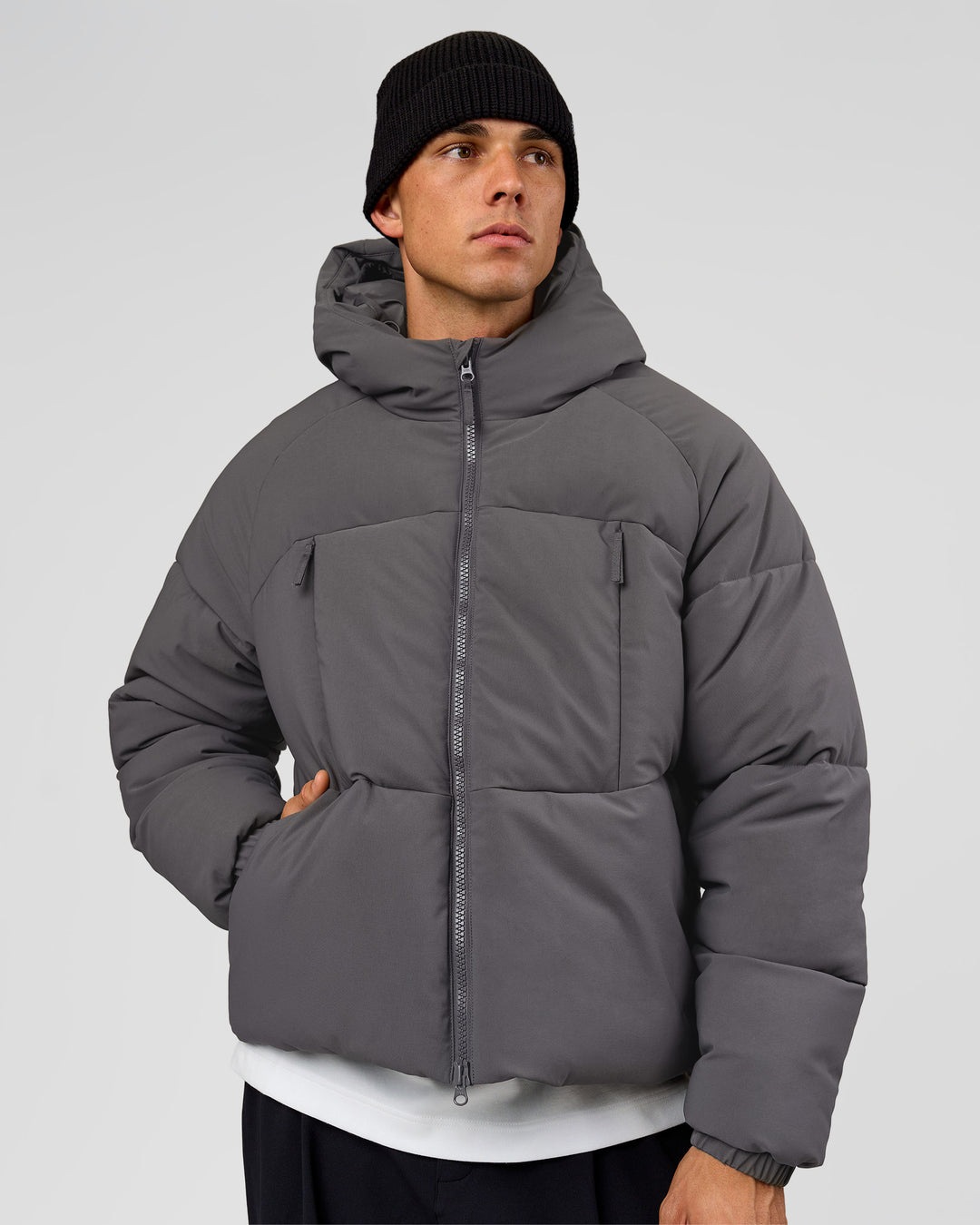 Man wearing Blackout Puffer Jacket - Dark Storm-Black | Model:Albert | Size:M - view 2