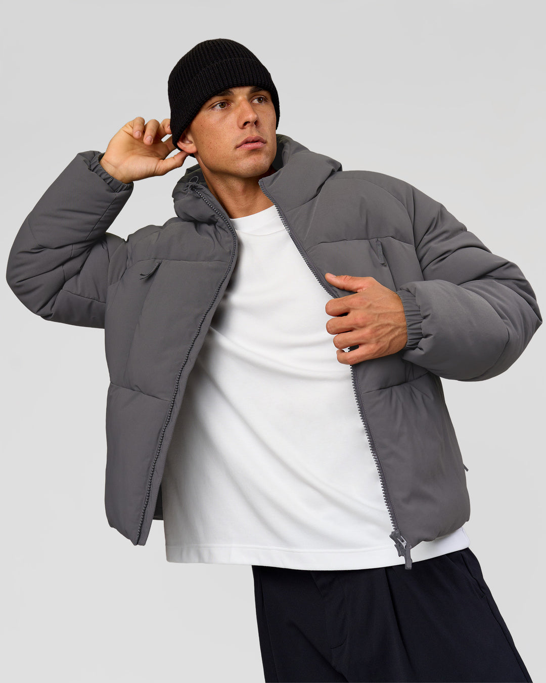 Man wearing Blackout Puffer Jacket - Dark Storm-Black | Model:Albert | Size:M - view 10
