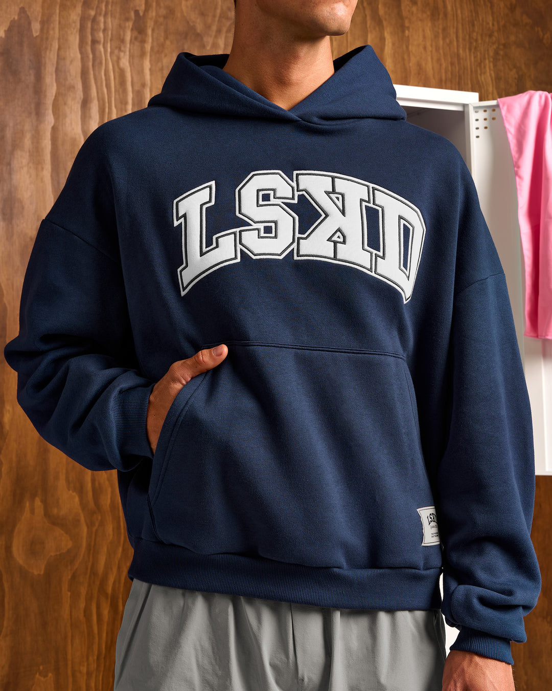 Man wearing Varsity Boxy Hoodie - Future Navy-White | Model:Albert | Size:M - view 5
