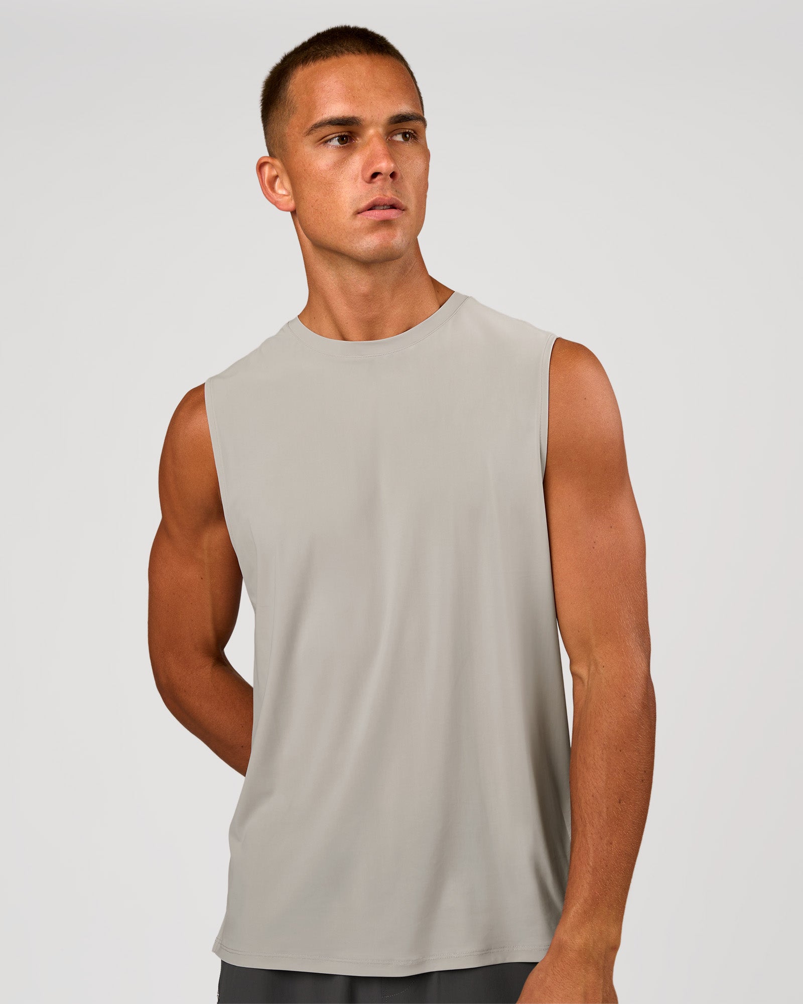 Man wearing Cadence MicroMotion Muscle Tank - Alloy | Model:Albert | Size:M