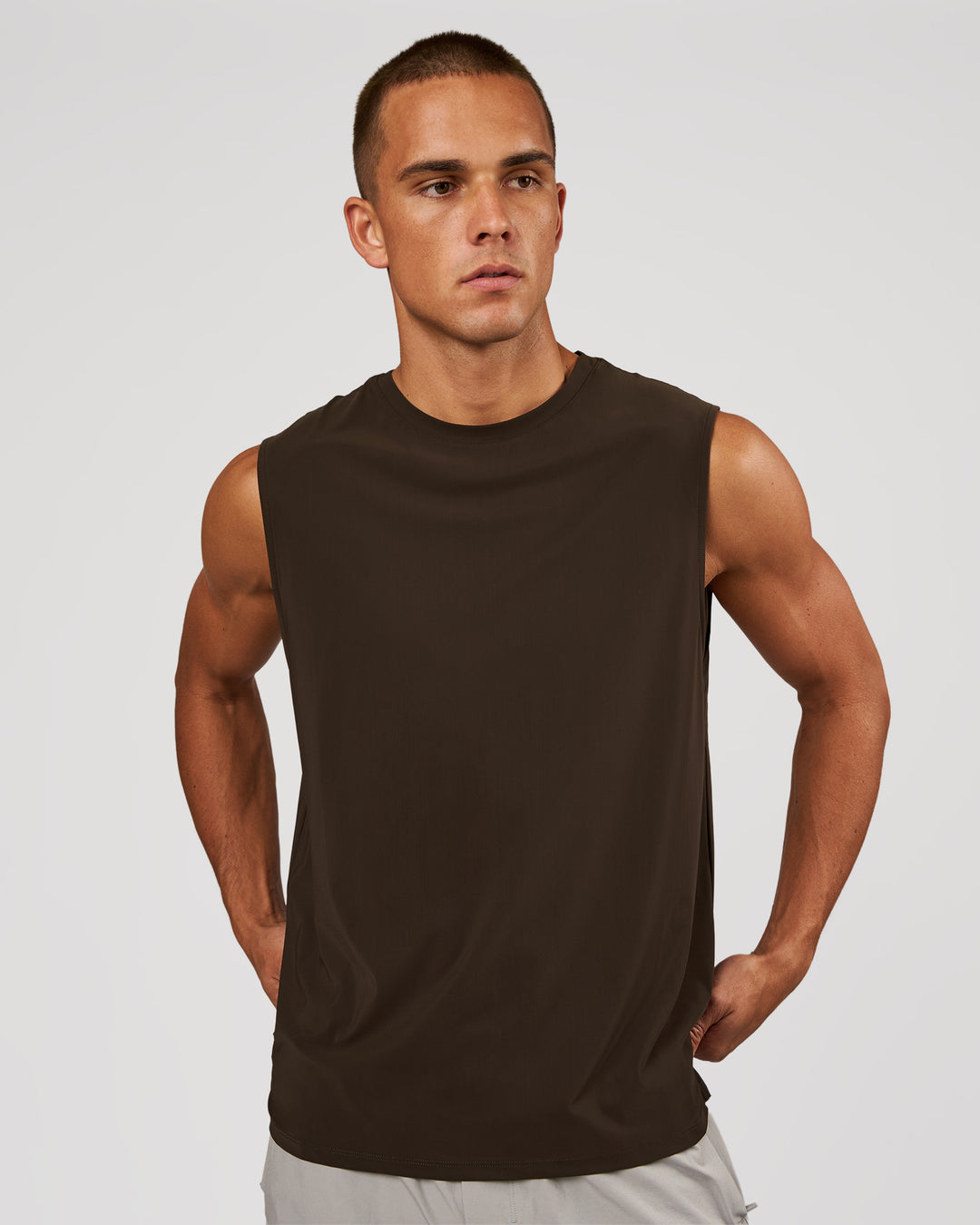 Man wearing Cadence MicroMotion Muscle Tank - Ground Coffee | Model:Albert | Size:M - view 2