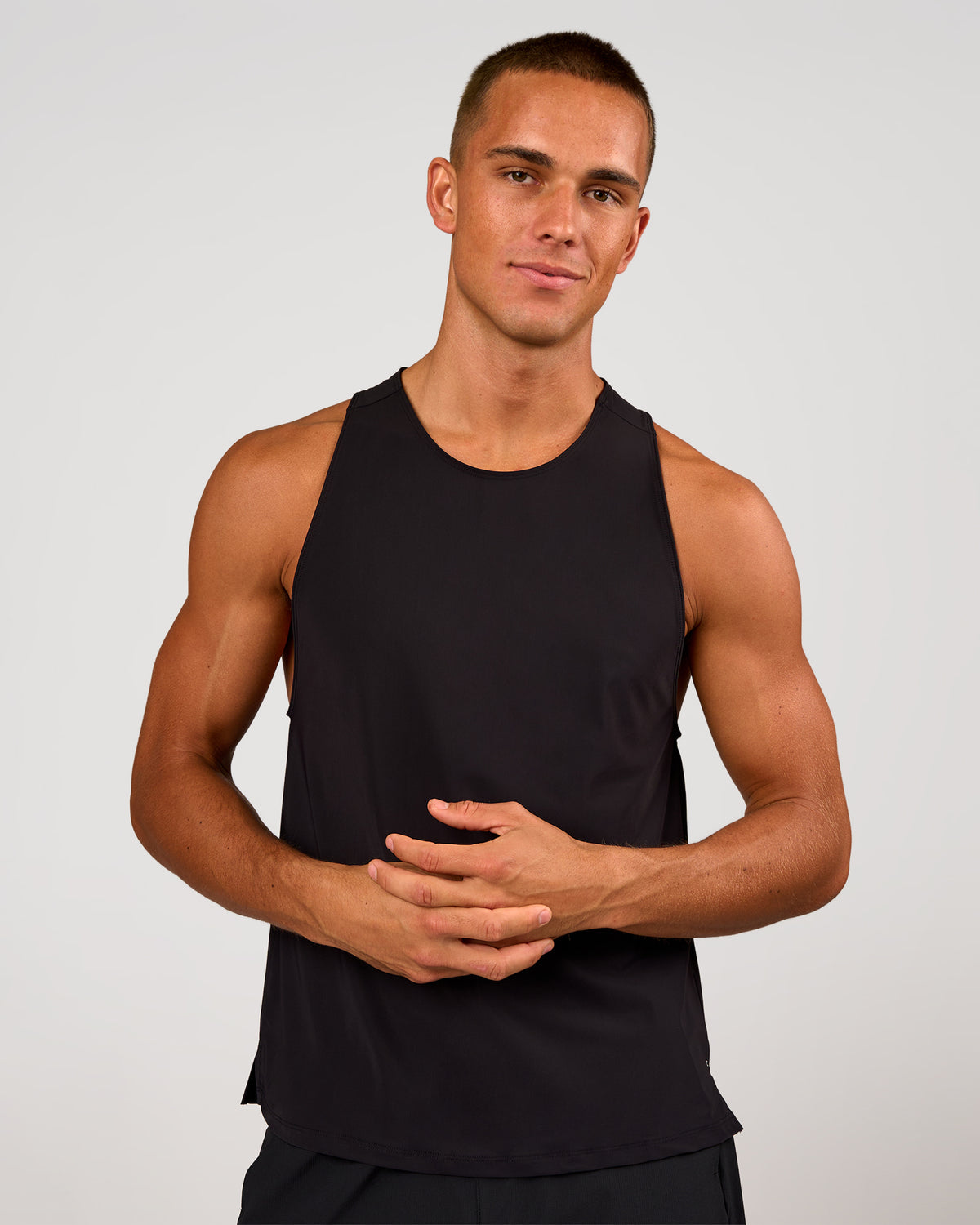 Man wearing Cadence Swift Tank - Black | Model:Albert | Size:M - view 2