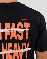 Man wearing Coffee Run FLXCotton Oversized Tee - Black-Ultra Orange | Model:Albert | Size:M | Thumbnail Index: 5
