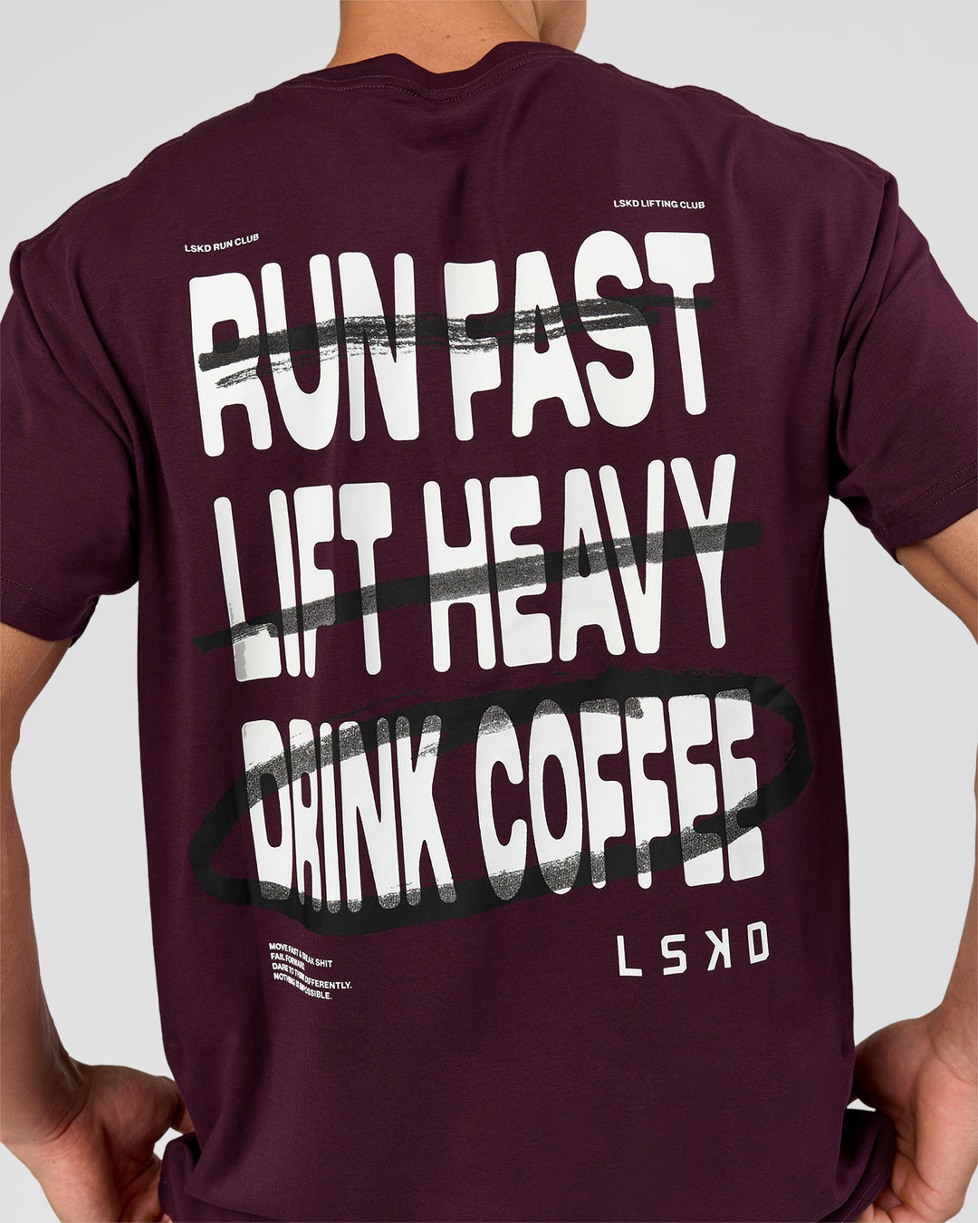 Man wearing Coffee Run FLXCotton Oversized Tee - Cherry Lacquer-Black | Model:Albert | Size:M - view 21