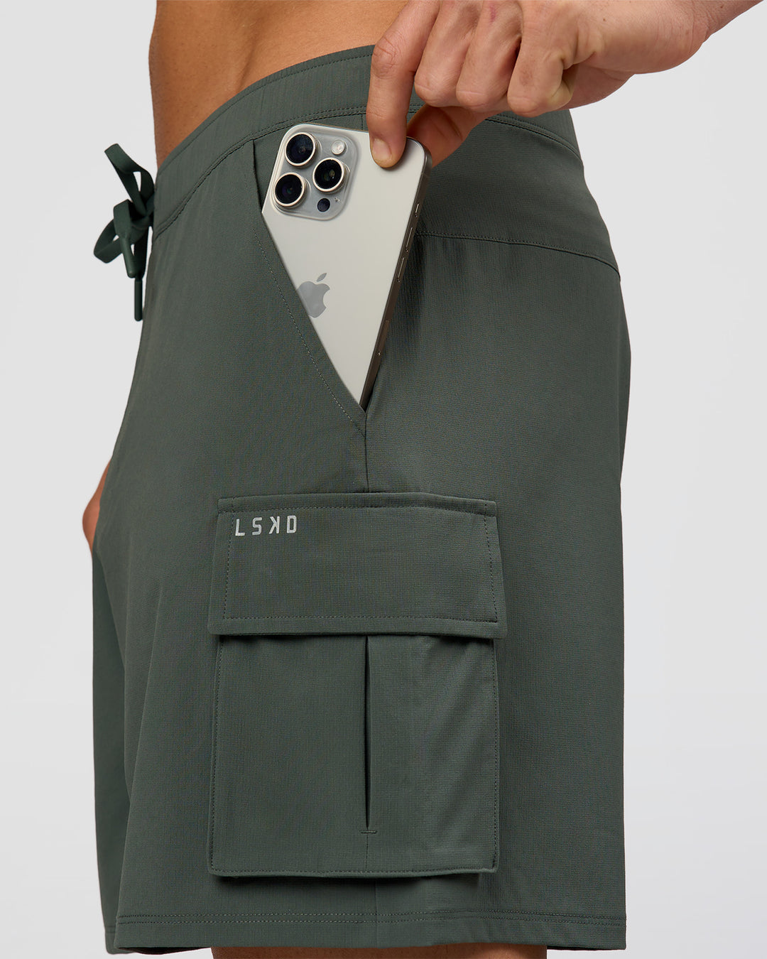 Man wearing Functional Cargo 6" Short - Carbon Green | Model:Albert | Size:M - view 9