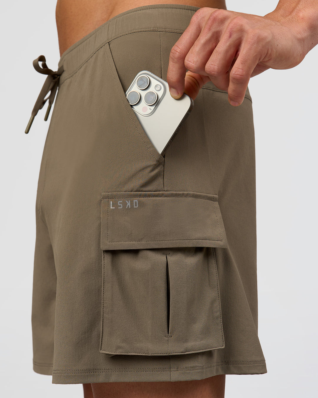 Man wearing Functional Cargo 6" Short - Walnut Grey | Model:Albert | Size:M - view 12