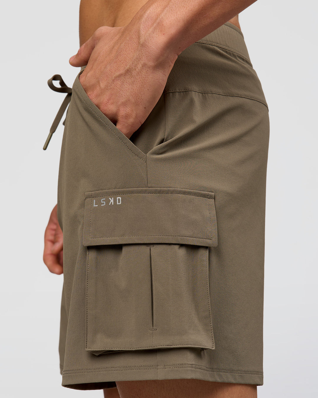 Man wearing Functional Cargo 6" Short - Walnut Grey | Model:Albert | Size:M - view 9