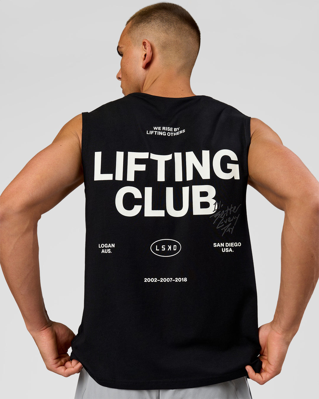 Man wearing Lifting Club FLXCotton Tank - Black-White | Model:Albert | Size:M - view 4