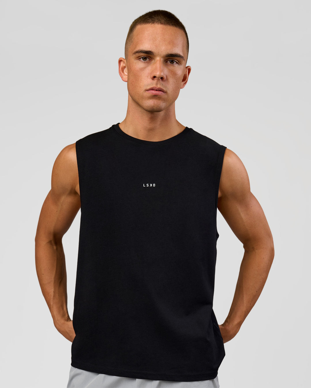 Man wearing Lifting Club FLXCotton Tank - Black-White | Model:Albert | Size:M - view 3