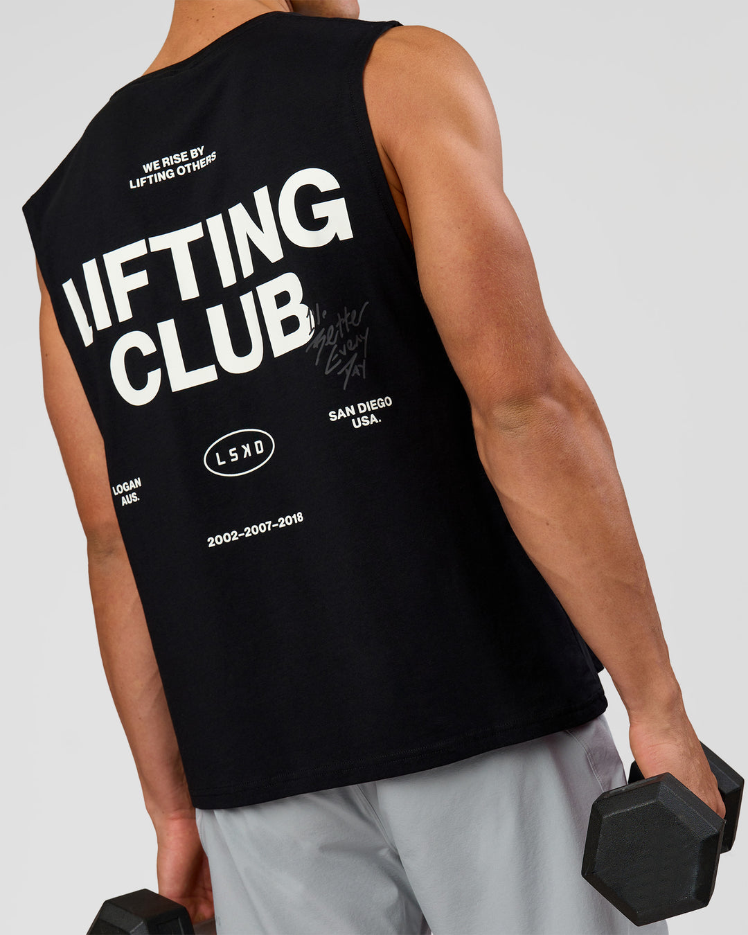 Man wearing Lifting Club FLXCotton Tank - Black-White | Model:Albert | Size:M - view 7