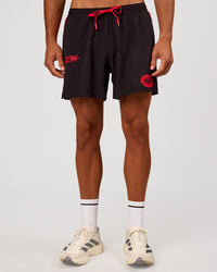 Man wearing Pace 5" Lined Running Short - Black-Scarlet | Model:Albert | Size:M | Thumbnail Index: 10