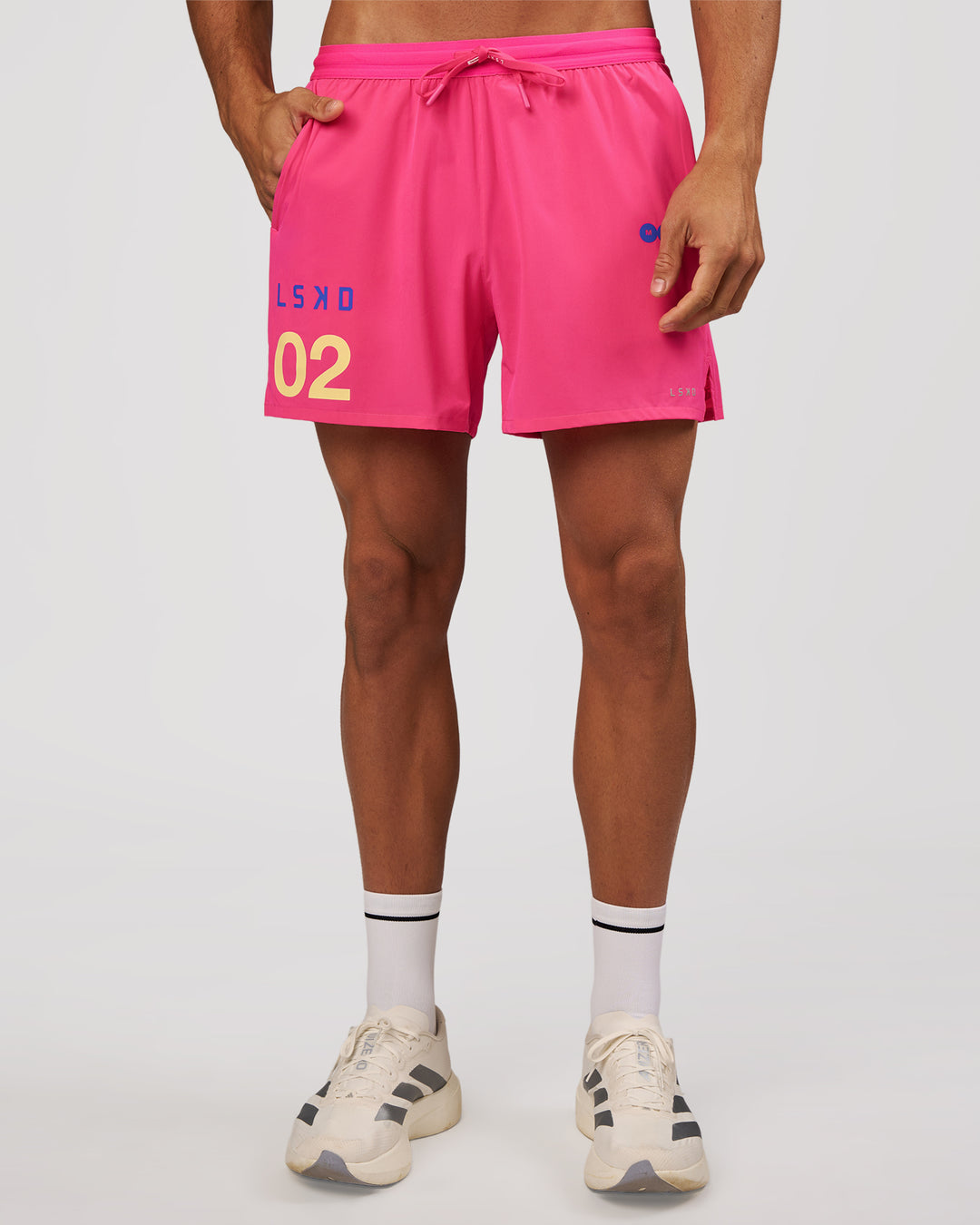 Man wearing Pace 5" Lined Running Short - Game Plan Ultra Pink | Model:Albert | Size:M - view 4