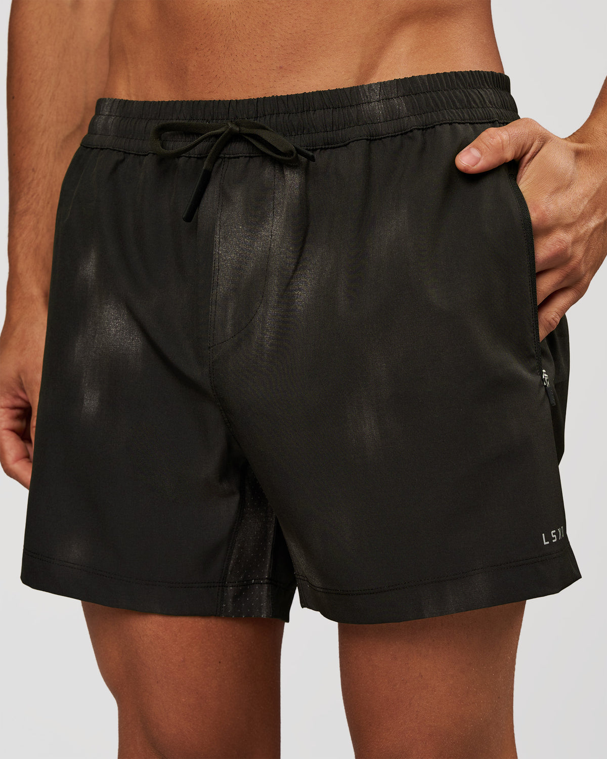 Man wearing Rep 5" Performance Short - Bitmap Blur Black | Model:Albert | Size:M
