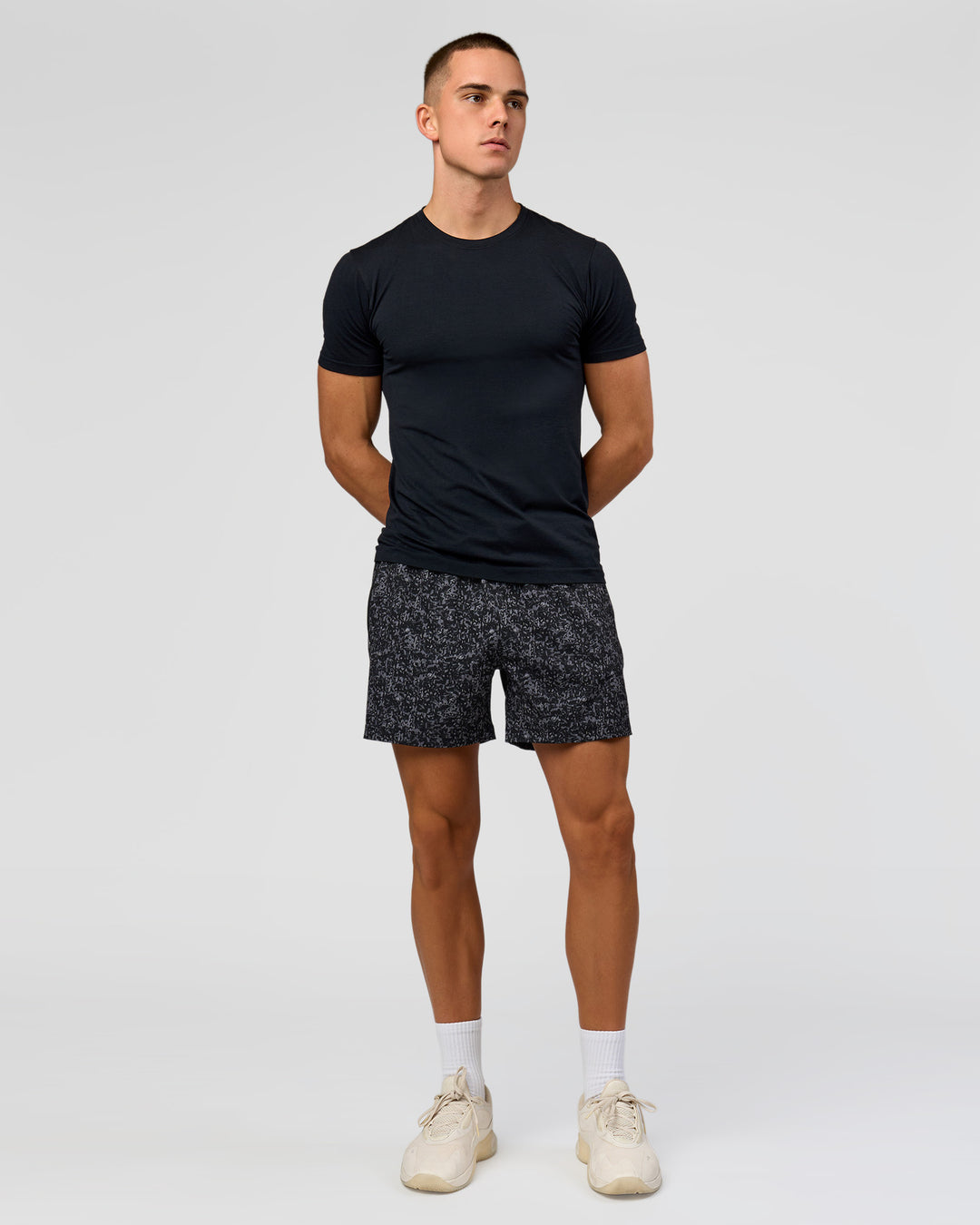 Man wearing Rep 5" Performance Short - Energy Print Black | Model:Albert | Size:M - view 5