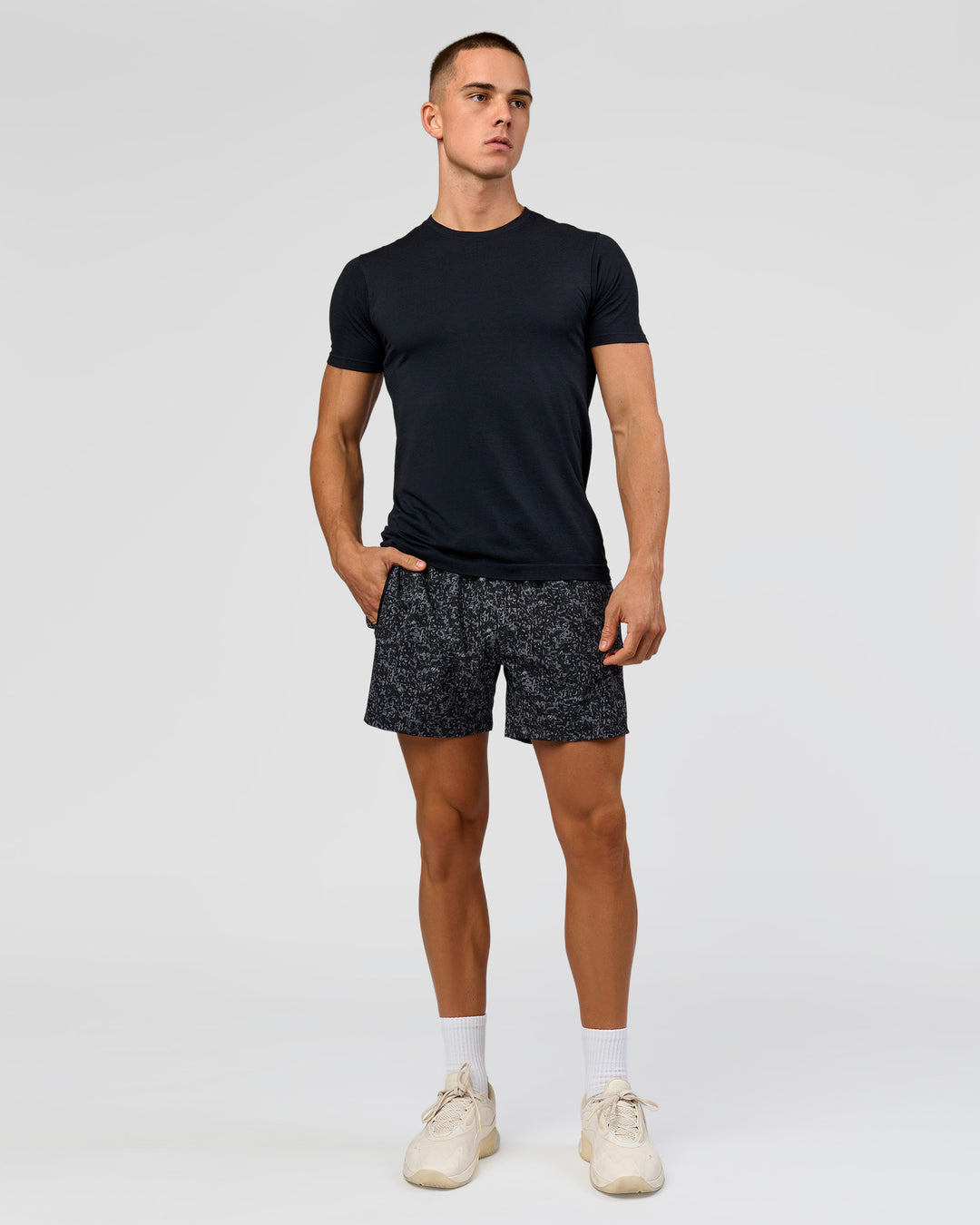 Man wearing Rep 5" Performance Short - Energy Print Black | Model:Albert | Size:M - view 6