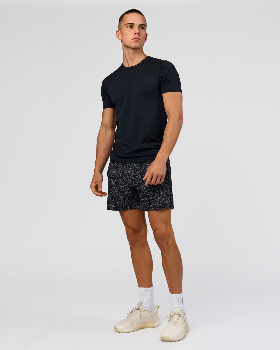 Man wearing Rep 5" Performance Short - Energy Print Black | Model:Albert | Size:M - view 7