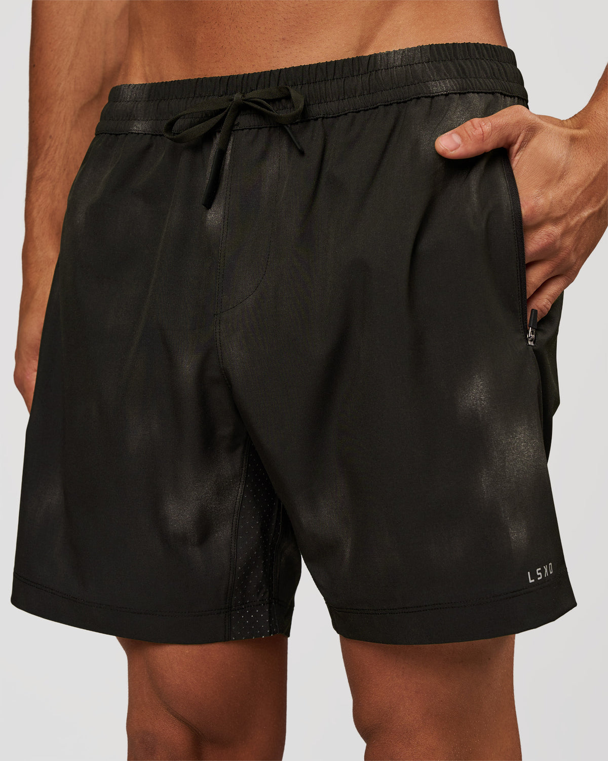 Man wearing Rep 7" Performance Short - Bitmap Blur Black | Model:Albert | Size:M