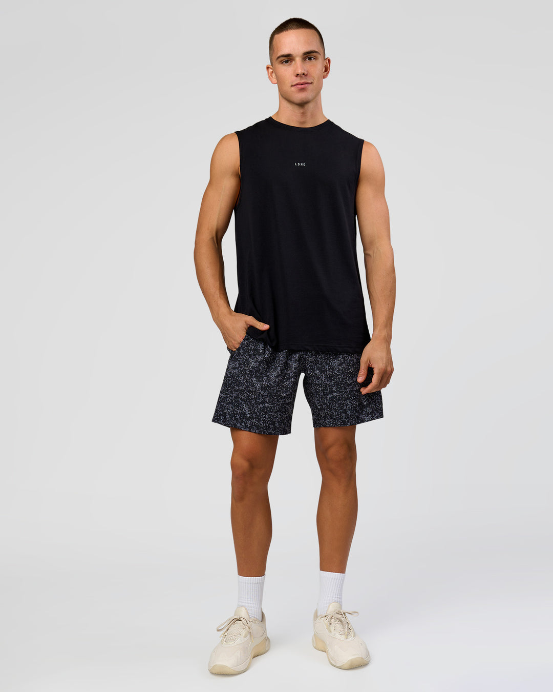 Man wearing Rep 7" Performance Short - Energy Print Black | Model:Albert | Size:M - view 6
