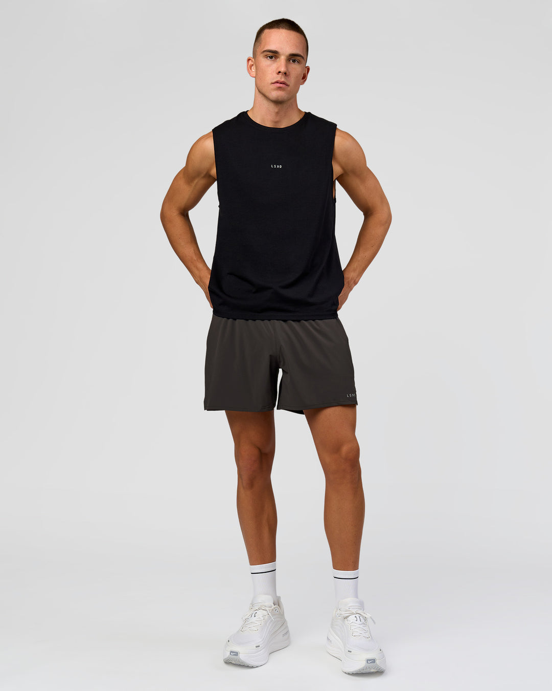 Man wearing Run Club FLXCotton Tank - Black-White | Model:Albert | Size:M - view 6