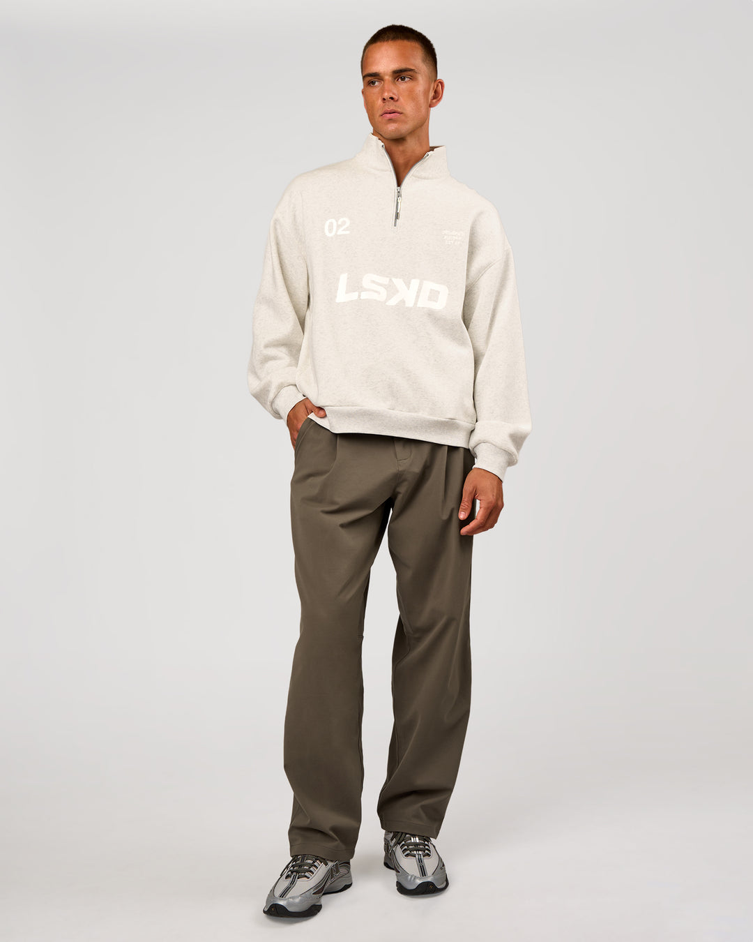 Man wearing Stadium Quarter Zip Sweater - Silver Marl | Model:Albert | Size:M - view 8