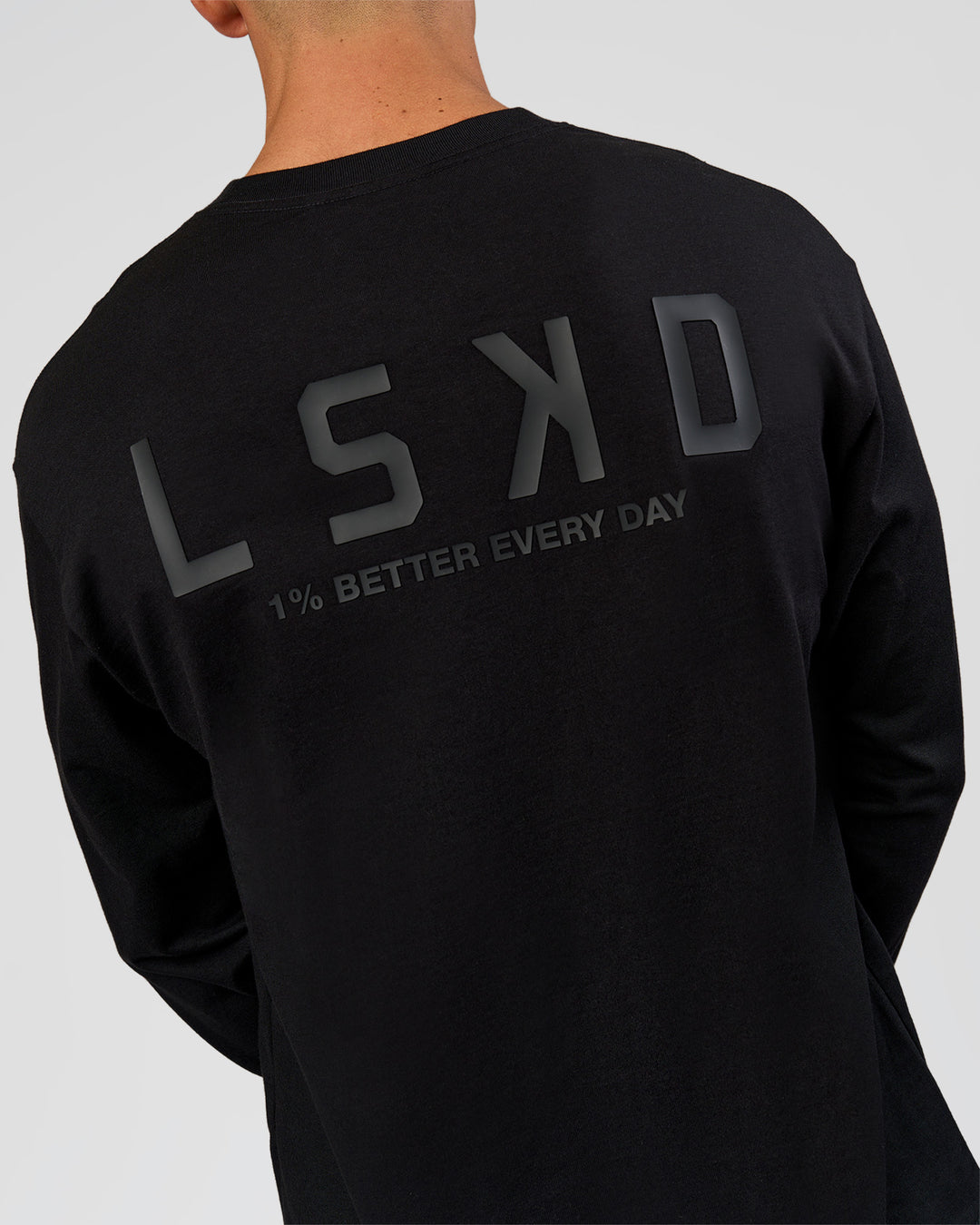 Man wearing Tonal Legacy Heavyweight Oversized LS Tee - Black-Black | Model:Albert | Size:M - view 7