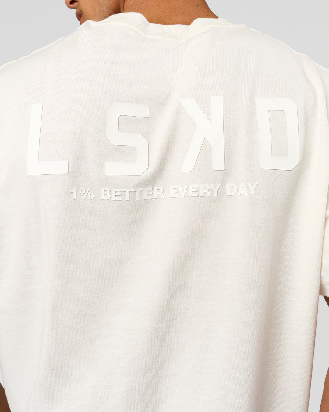 Man wearing Tonal Legacy Heavyweight Oversized Tee - Off White-Off White | Model:Albert | Size:M - view 14