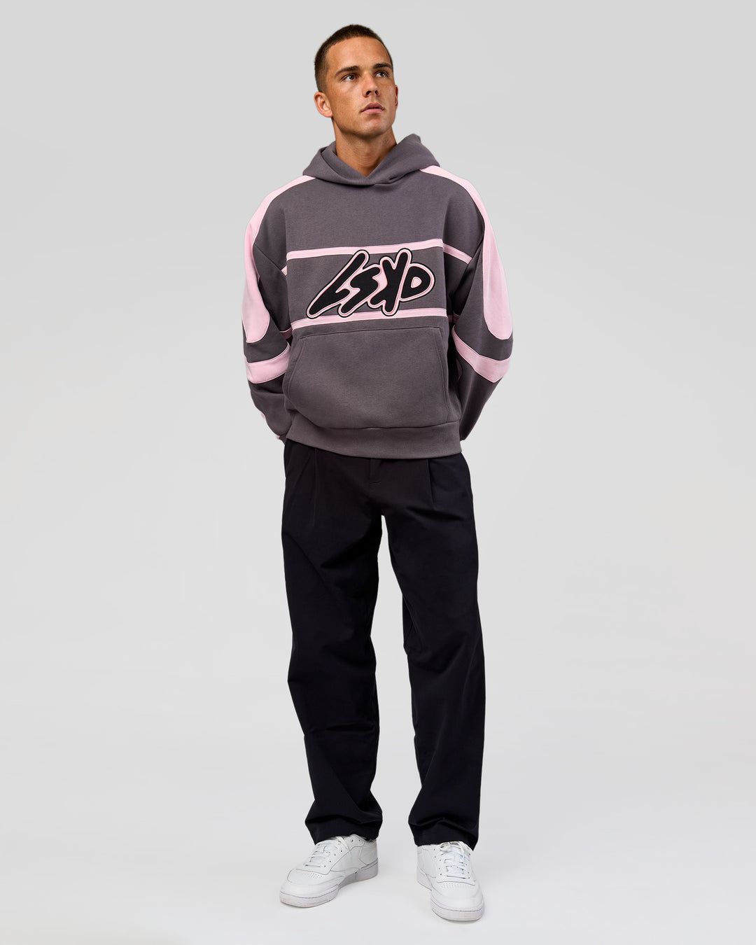 Man wearing Vibe Oversized Hoodie - Duskstone-Marshmallow | Model:Albert | Size:M - view 12