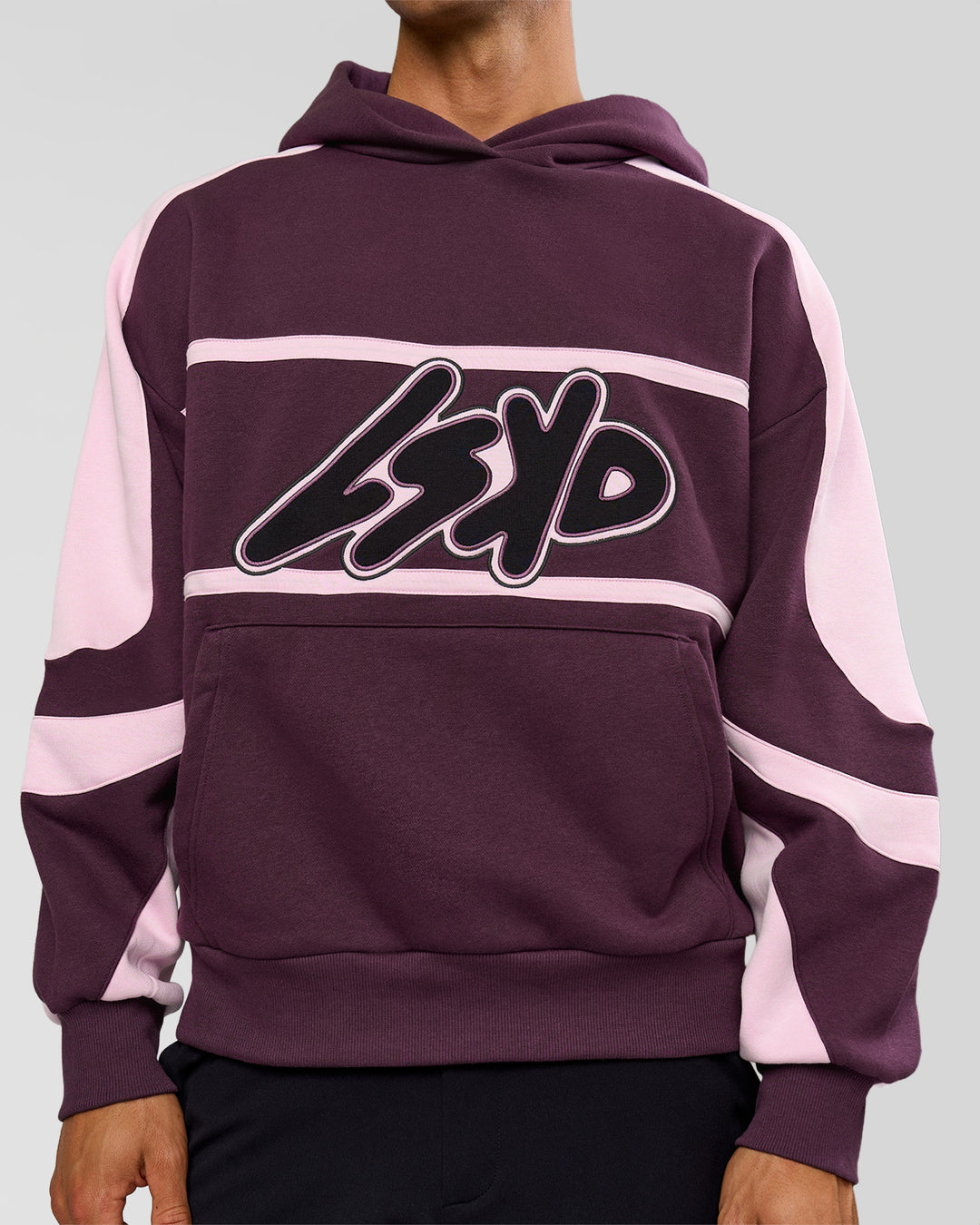 Man wearing Vibe Oversized Hoodie - Midnight Plum-Marshmallow | Model:Albert | Size:M - view 9